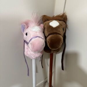 (2) Aurora Brown Horse & Pink Equestrian Horse Plush Head Riding Toy Sticks